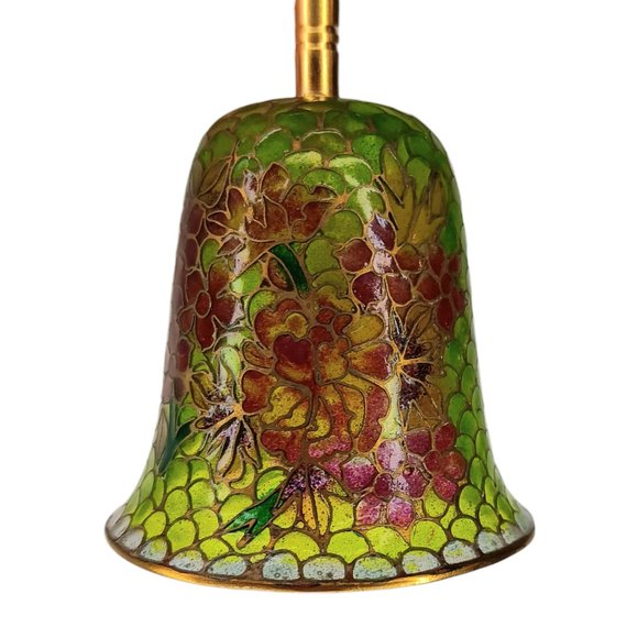 Plique-à-Jour Green Glass Bell Red Flowers Translucent Cloisonne Style - Picture 6 of 11